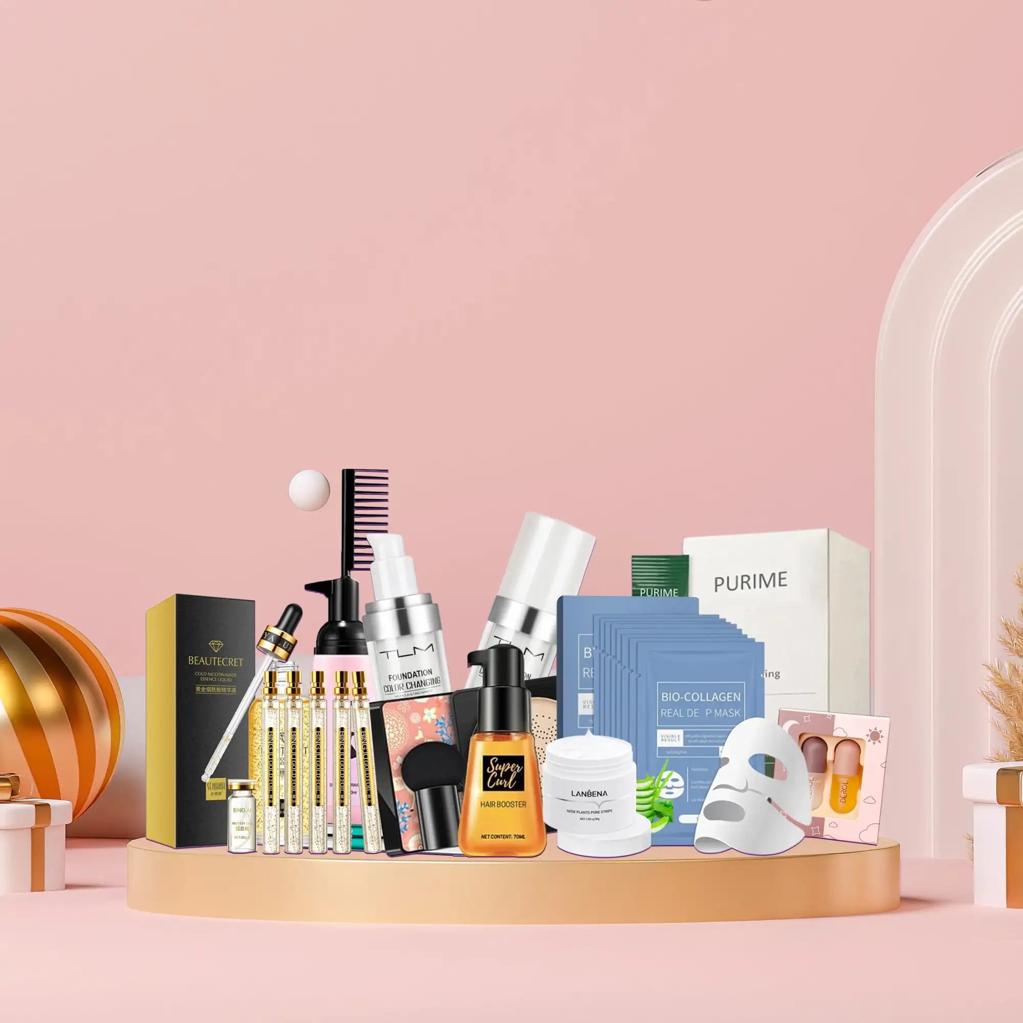 O colecție de produse de frumusețe și îngrijire a pielii, inclusiv seruri, măști, loțiuni și un booster pentru păr în diverse sticle și ambalaje.