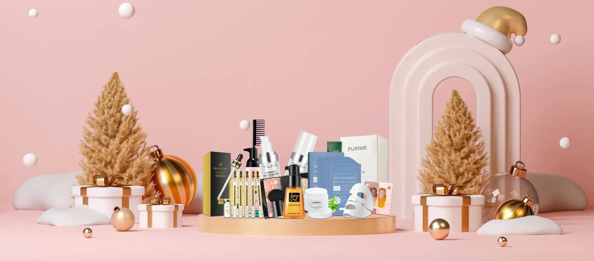 O colecție de produse de frumusețe și îngrijire a pielii aranjate pe un suport din lemn, cu sticle cu capace aurii, tuburi în ambalaje albastre și borcane albe.