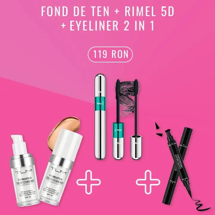 Fond de Ten Changing TLM + Rimel 5D Mascara Lash 2 in 1 + Eyeliner Tus Ochi 2 in 1 Deluxe