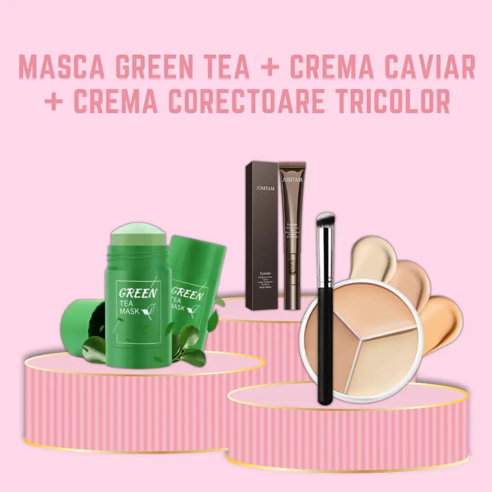 Masca Faciala Green Tea + Crema Riduri & Cearcane CAVIAR GO + Crema Corectoare 3 in 1 Tricolor