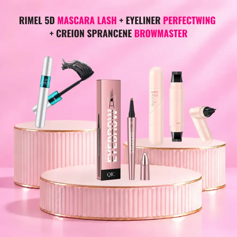 Rimel 5D Mascara + Eyeliner PERFECTWING + Creion Sprancene BrowMaster - BLACK