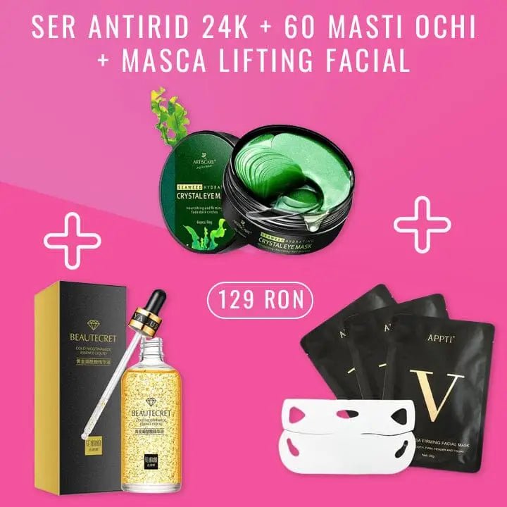 Ser Antirid cu Foite Aur 24K + Pachet 60 Masti pentru Ochi + Masca V-Shape