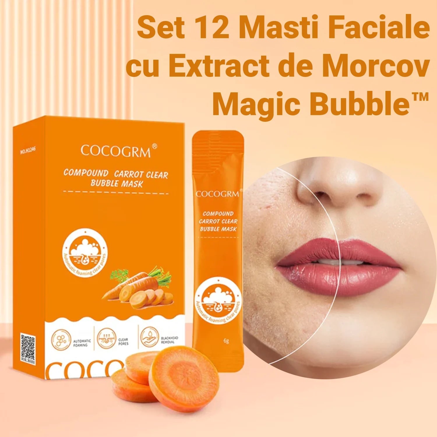 Set 12 Masti Faciale cu Extract de Morcov Magic Bubble™